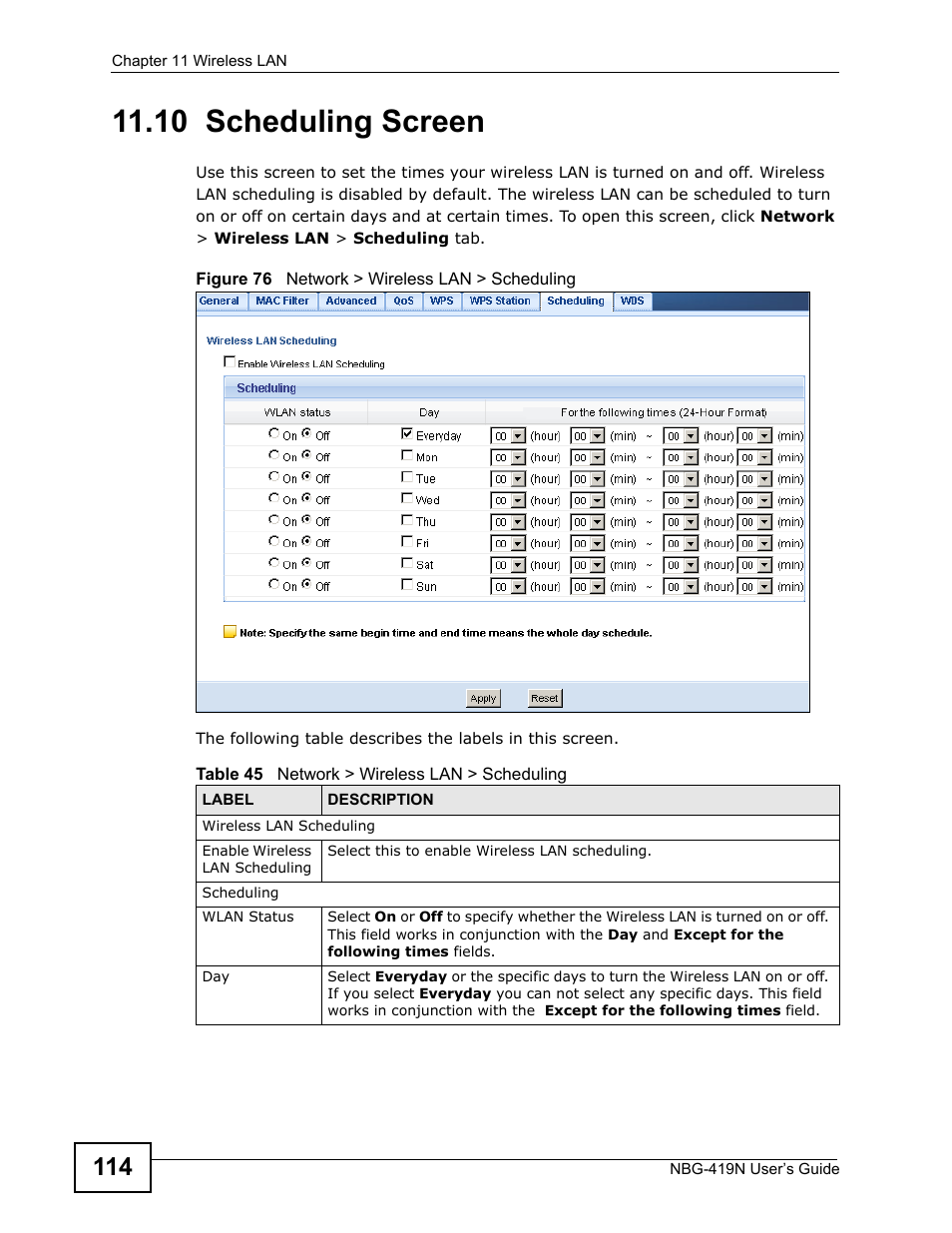 10 scheduling screen | ZyXEL Communications NBG-419N User Manual | Page 114 / 294