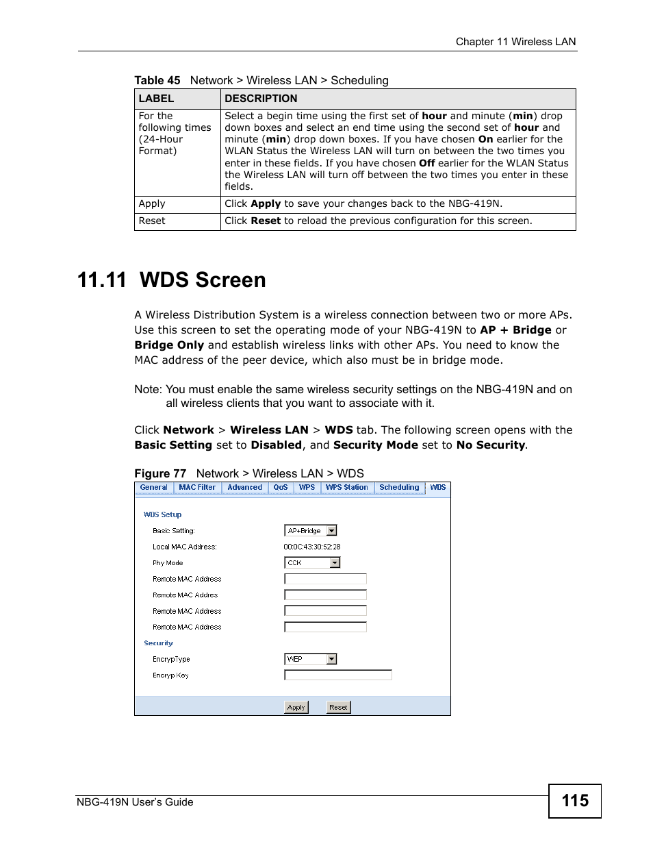 11 wds screen | ZyXEL Communications NBG-419N User Manual | Page 115 / 294