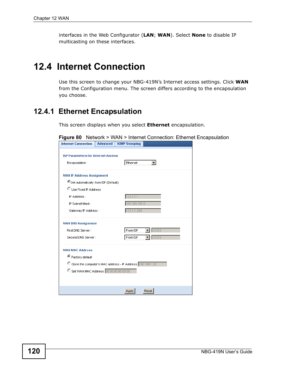 4 internet connection, 1 ethernet encapsulation | ZyXEL Communications NBG-419N User Manual | Page 120 / 294