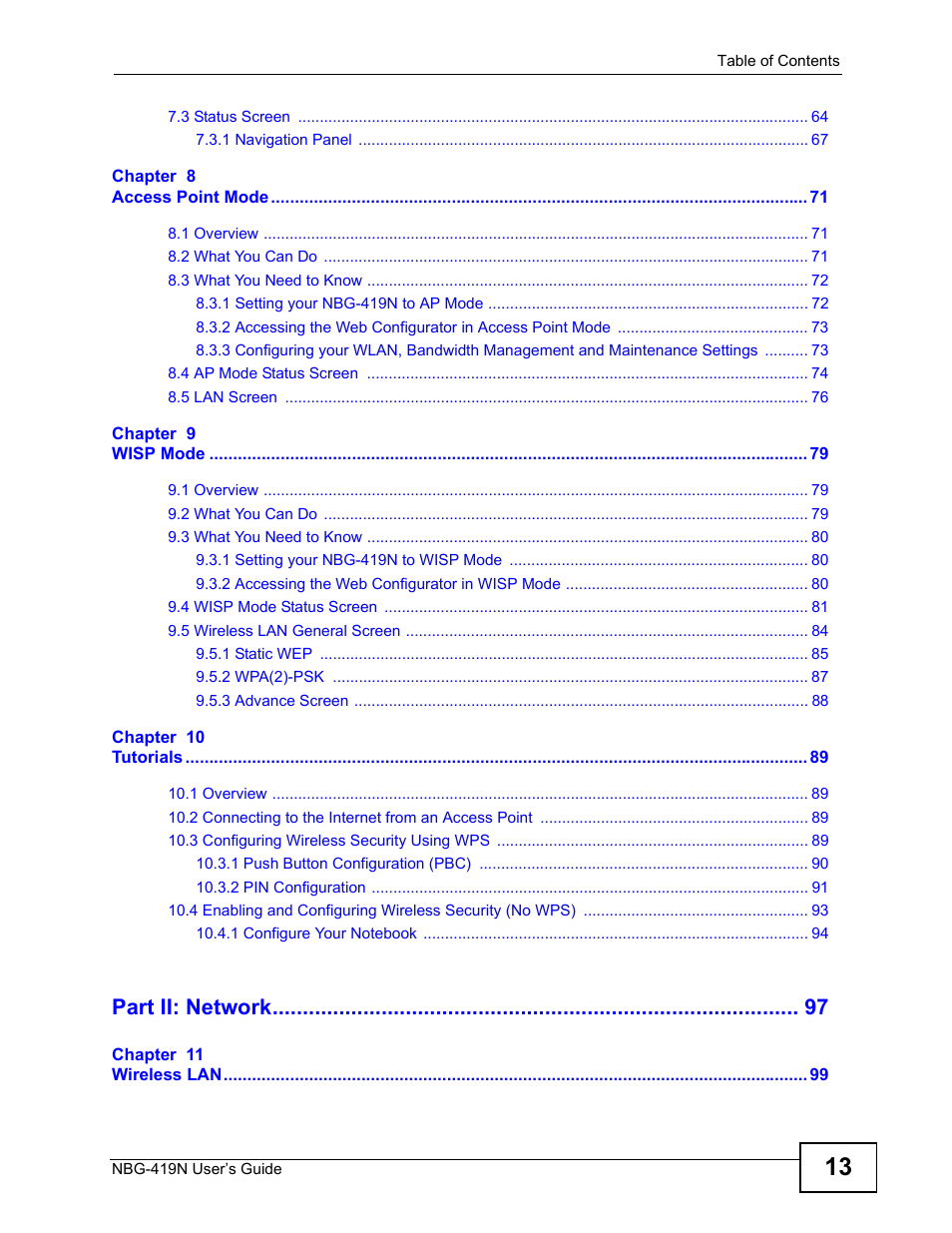 Part ii: network | ZyXEL Communications NBG-419N User Manual | Page 13 / 294