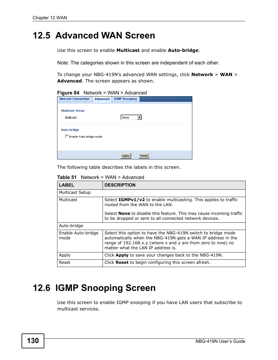 5 advanced wan screen, 6 igmp snooping screen, 5 advanced wan screen 12.6 igmp snooping screen | Reen | ZyXEL Communications NBG-419N User Manual | Page 130 / 294