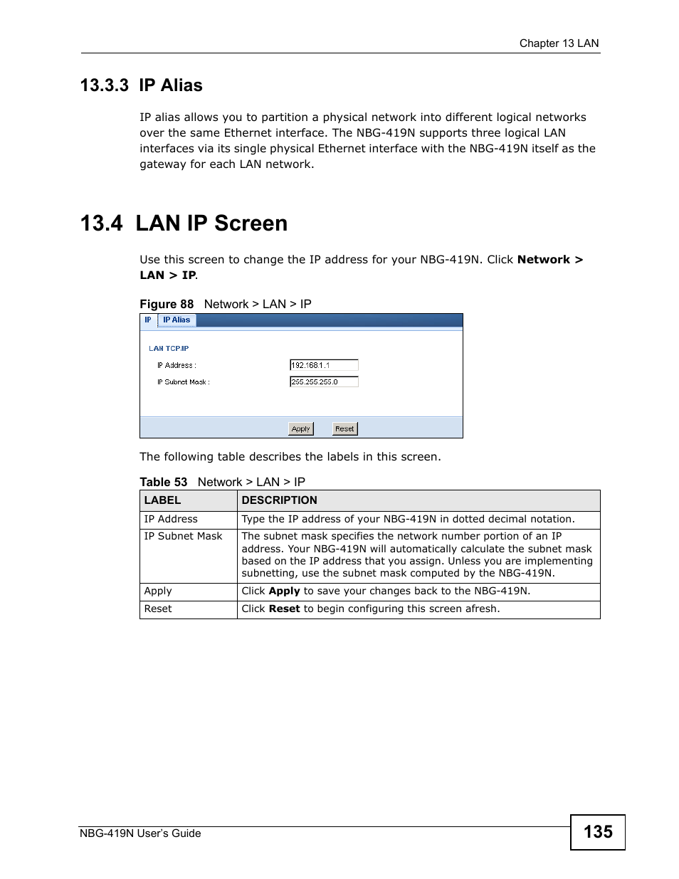 3 ip alias, 4 lan ip screen | ZyXEL Communications NBG-419N User Manual | Page 135 / 294