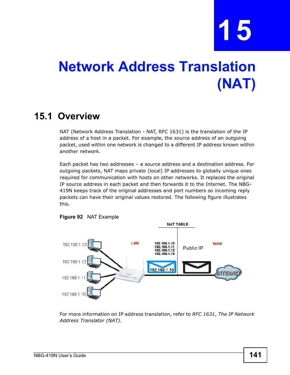 Network address translation (nat), 1 overview, Chapter 15 network address translation (nat) | Network address translation (nat) (141) | ZyXEL Communications NBG-419N User Manual | Page 141 / 294