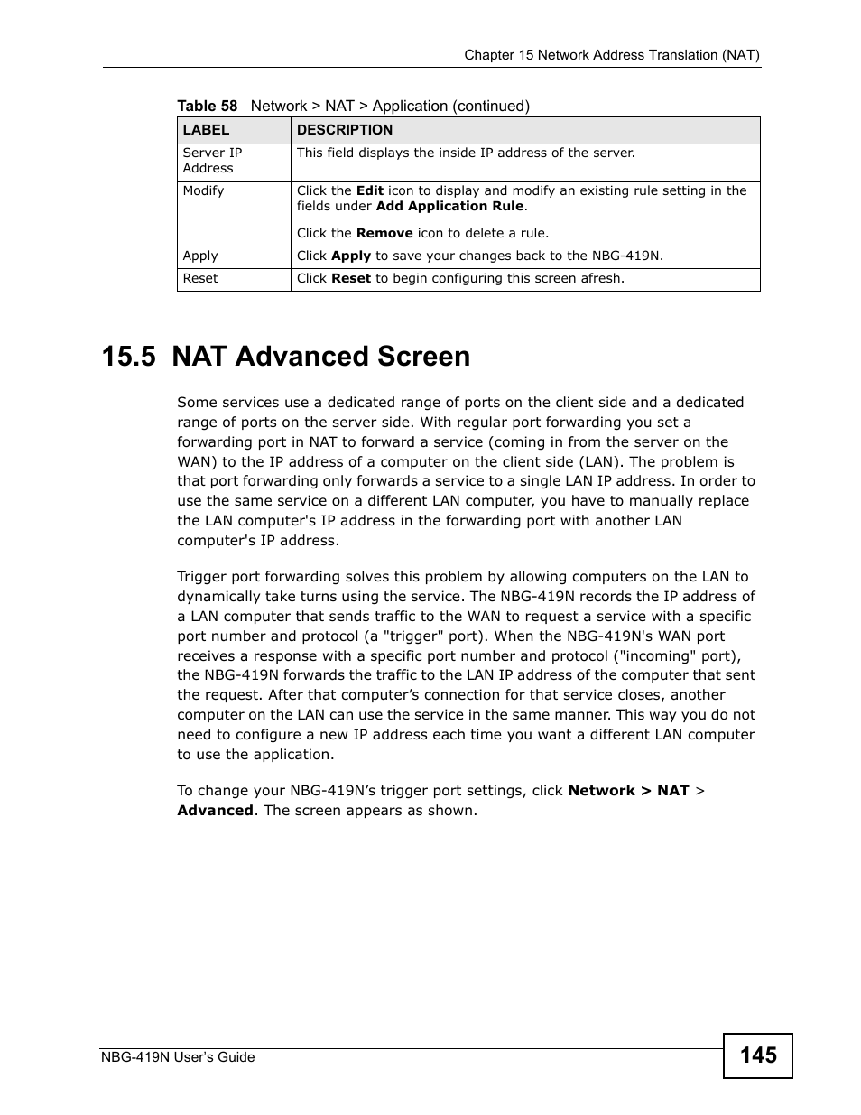 5 nat advanced screen | ZyXEL Communications NBG-419N User Manual | Page 145 / 294