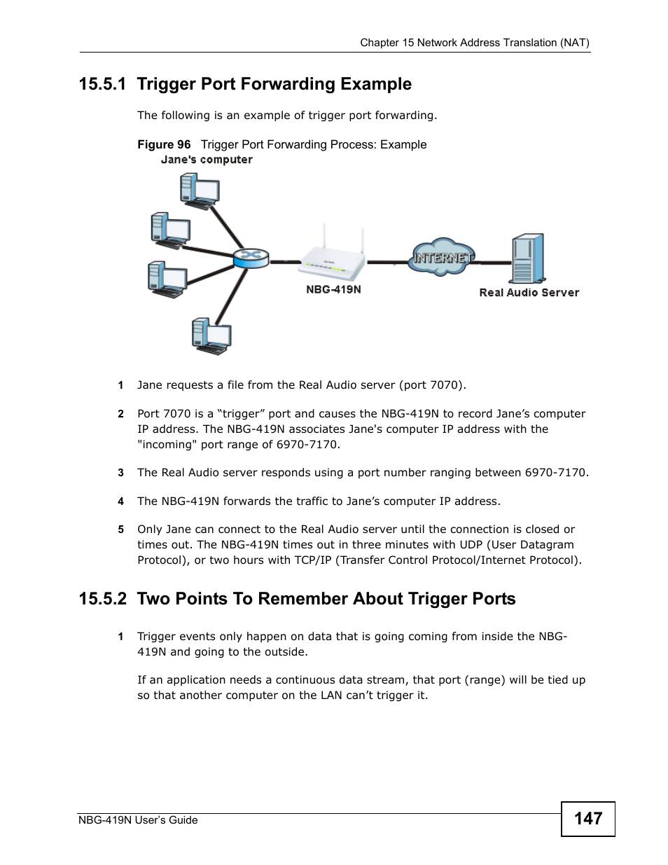 1 trigger port forwarding example, 2 two points to remember about trigger ports | ZyXEL Communications NBG-419N User Manual | Page 147 / 294