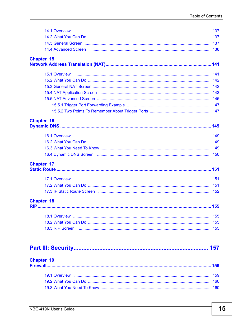 Part iii: security | ZyXEL Communications NBG-419N User Manual | Page 15 / 294