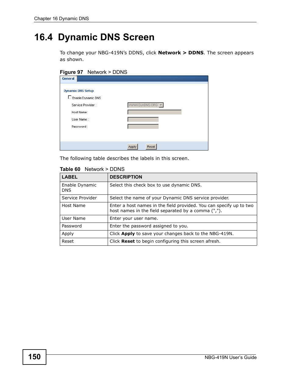 4 dynamic dns screen | ZyXEL Communications NBG-419N User Manual | Page 150 / 294