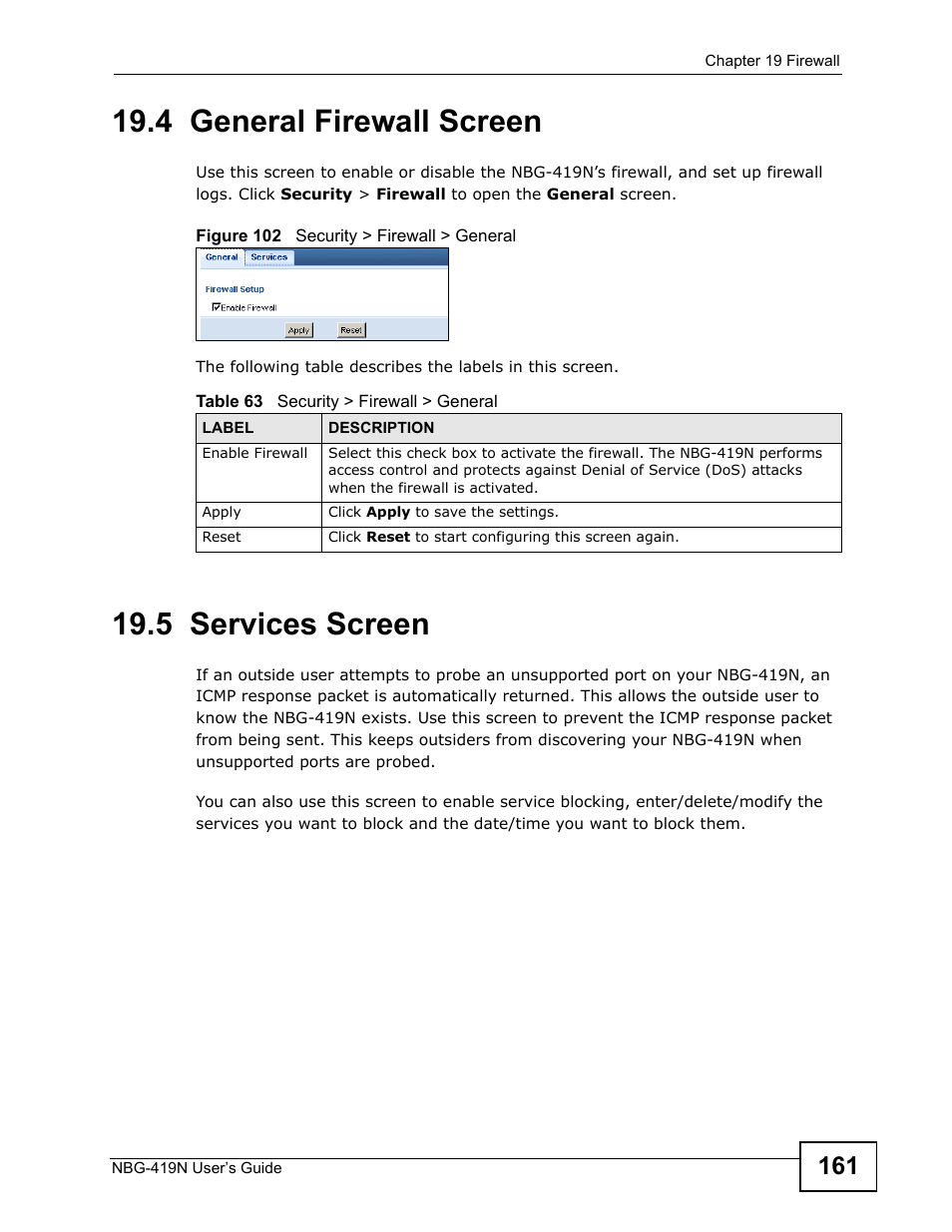 4 general firewall screen, 5 services screen, 4 general firewall screen 19.5 services screen | ZyXEL Communications NBG-419N User Manual | Page 161 / 294