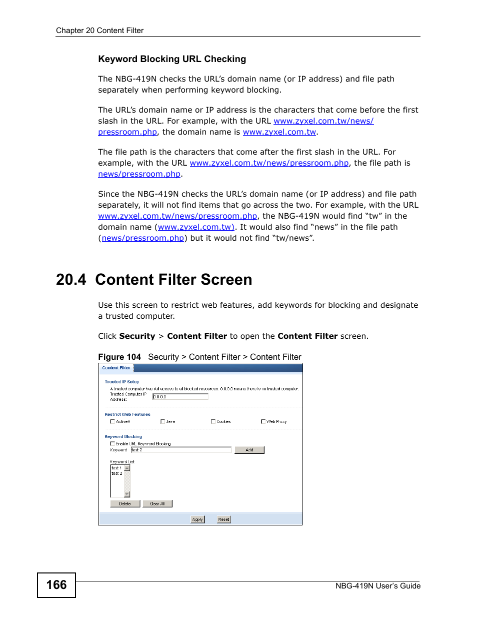 4 content filter screen | ZyXEL Communications NBG-419N User Manual | Page 166 / 294