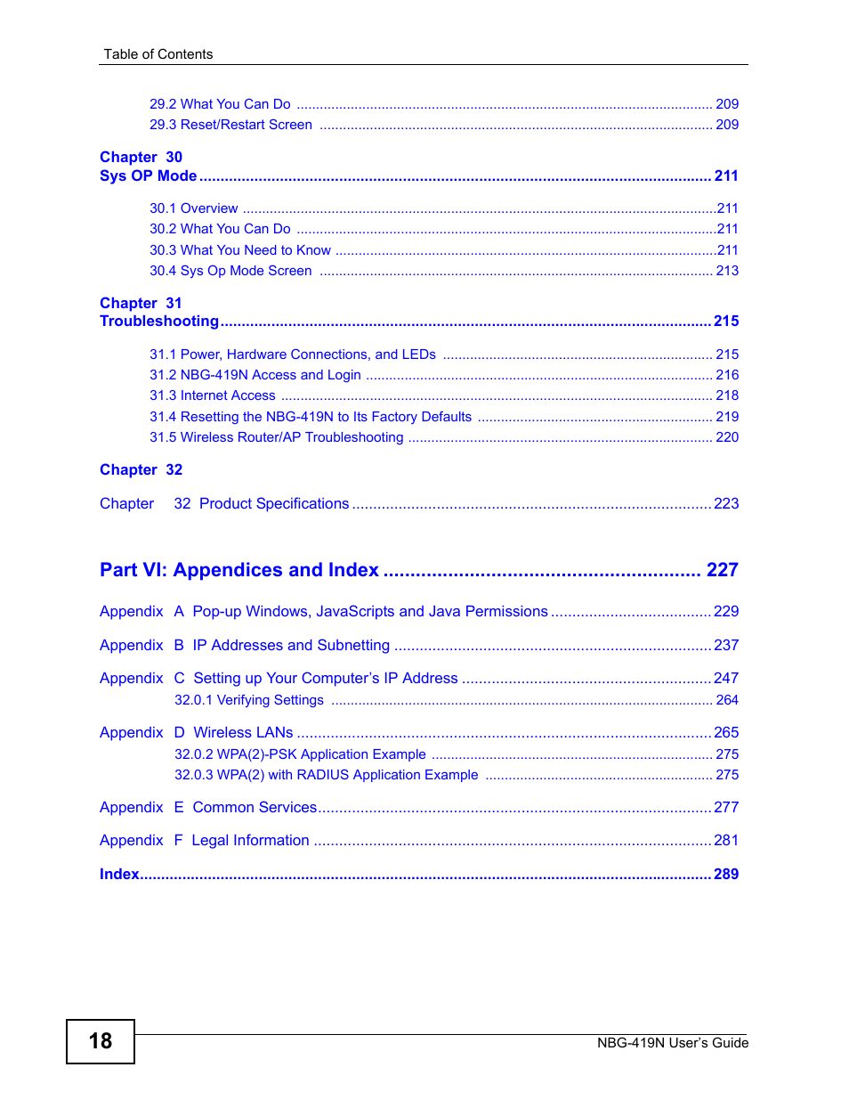 Part vi: appendices and index | ZyXEL Communications NBG-419N User Manual | Page 18 / 294