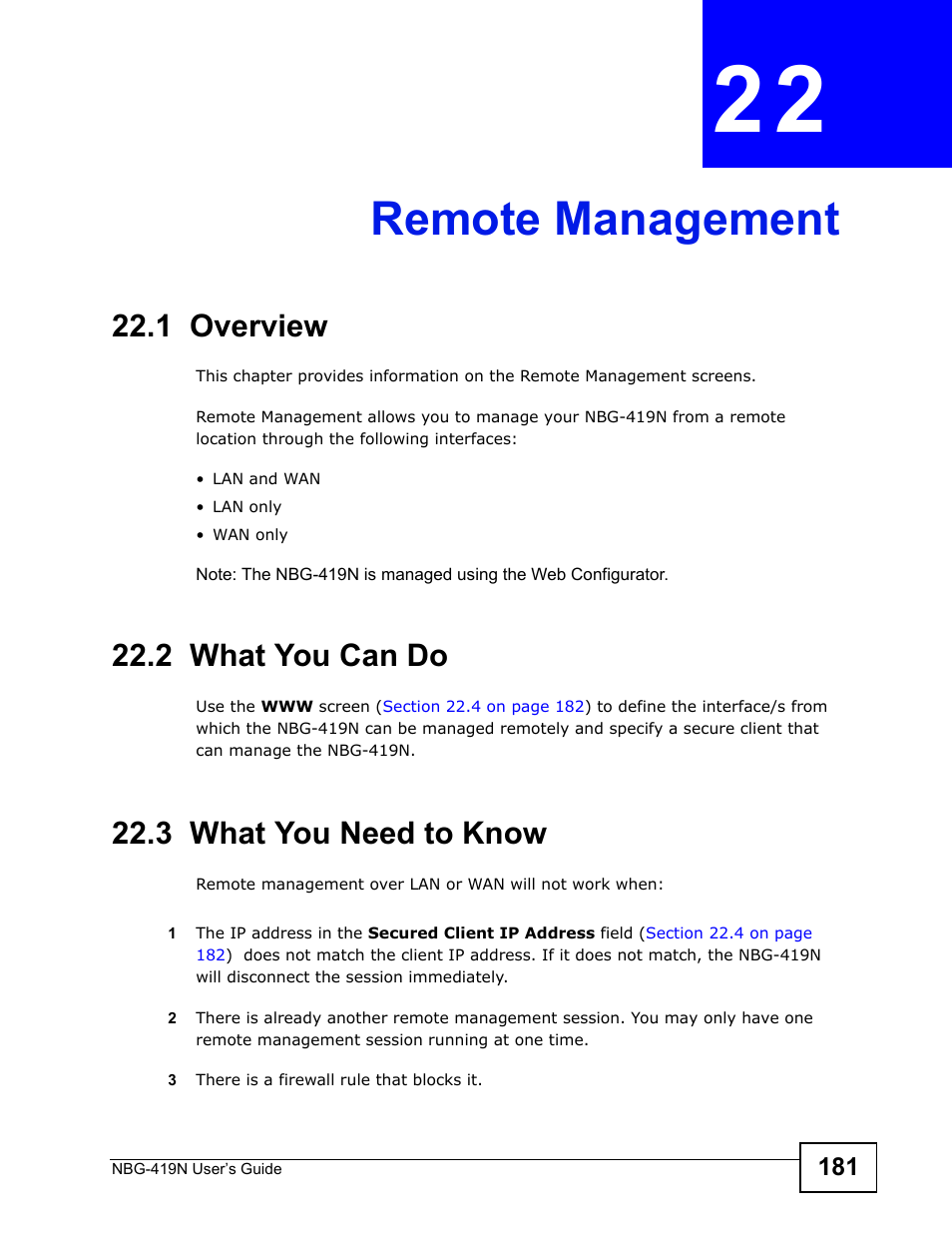 Remote management, 1 overview, 2 what you can do | 3 what you need to know, Chapter 22 remote management | ZyXEL Communications NBG-419N User Manual | Page 181 / 294