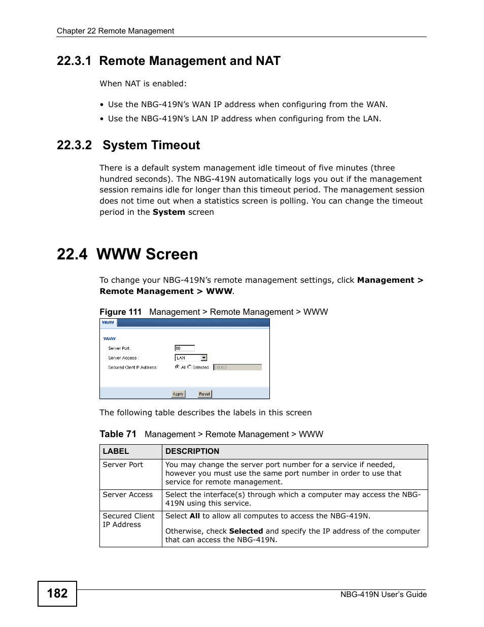 1 remote management and nat, 2 system timeout, 4 www screen | 1 remote management and nat 22.3.2 system timeout | ZyXEL Communications NBG-419N User Manual | Page 182 / 294