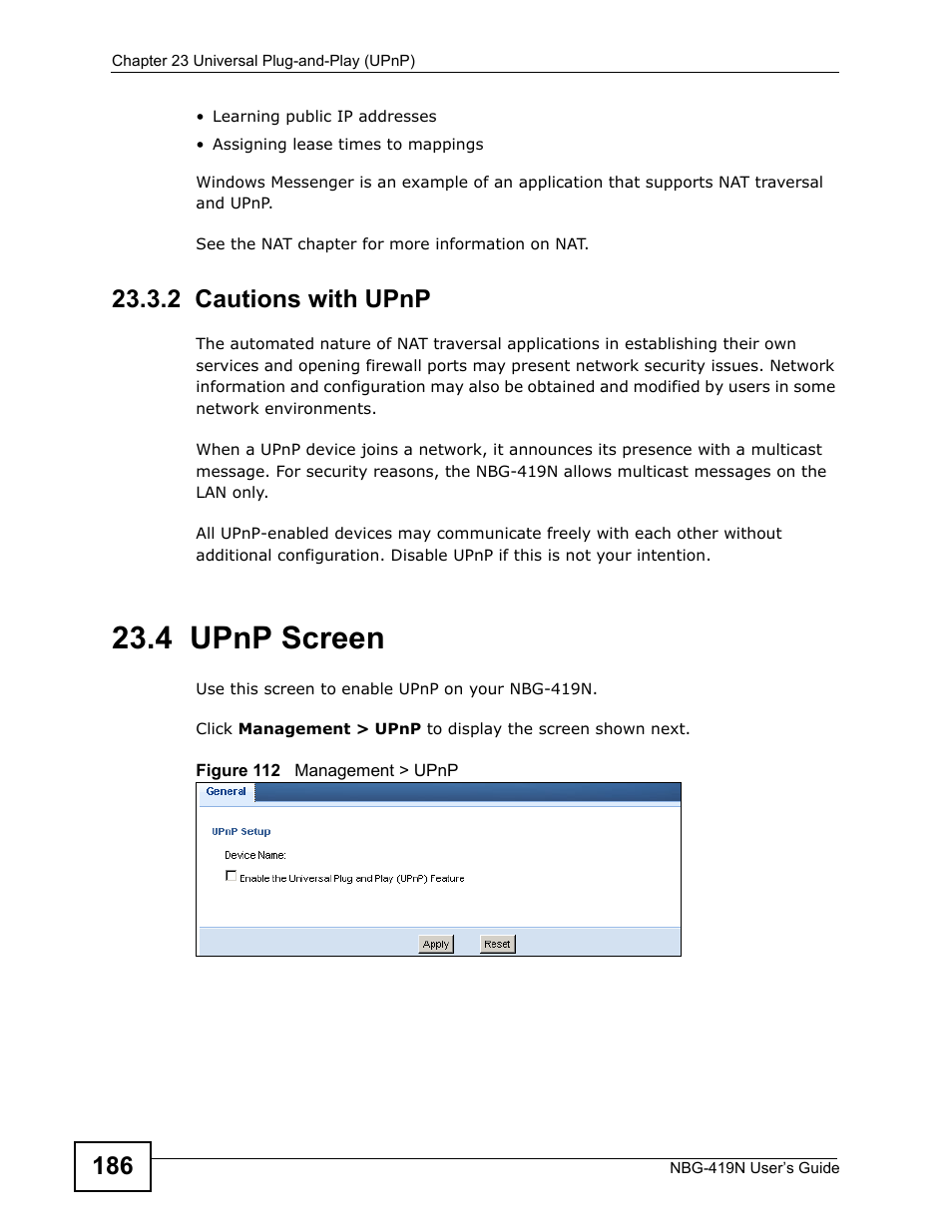 2 cautions with upnp, 4 upnp screen | ZyXEL Communications NBG-419N User Manual | Page 186 / 294