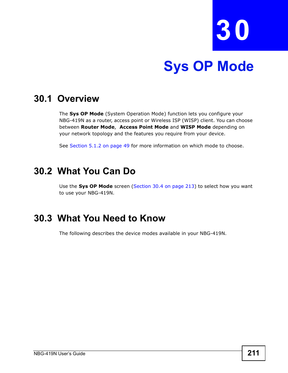 Sys op mode, 1 overview, 2 what you can do | 3 what you need to know, Chapter 30 sys op mode, Through, Sys op mode (211) | ZyXEL Communications NBG-419N User Manual | Page 211 / 294