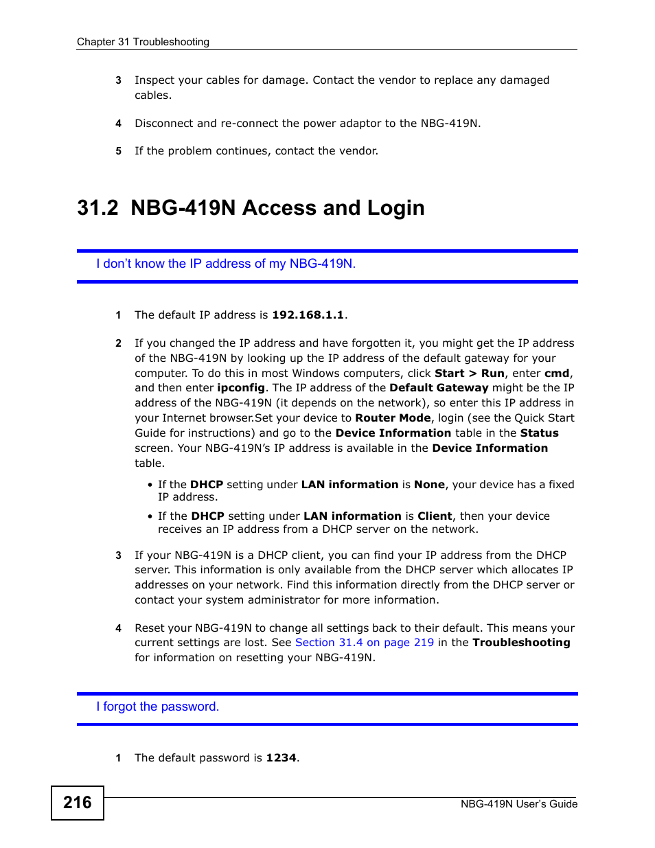 2 nbg-419n access and login, Nbg-419n access and login | ZyXEL Communications NBG-419N User Manual | Page 216 / 294