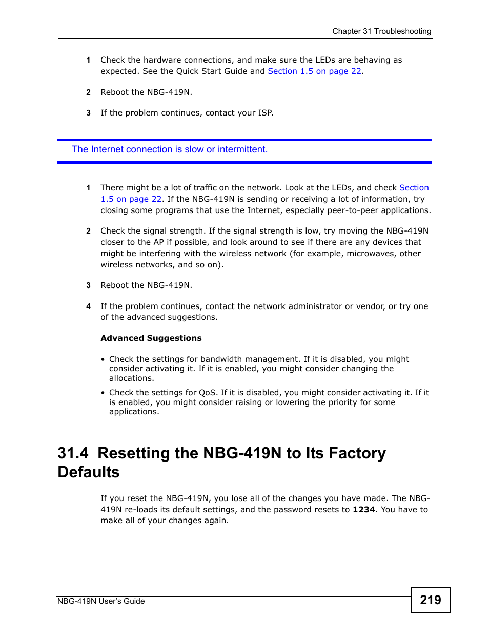 4 resetting the nbg-419n to its factory defaults, Resetting the nbg-419n to its factory defaults | ZyXEL Communications NBG-419N User Manual | Page 219 / 294