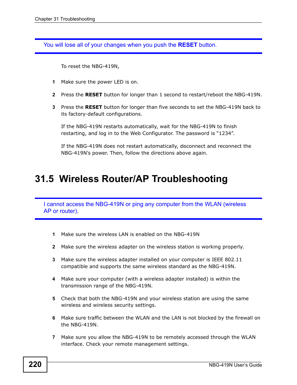 5 wireless router/ap troubleshooting, Wireless router/ap troubleshooting | ZyXEL Communications NBG-419N User Manual | Page 220 / 294