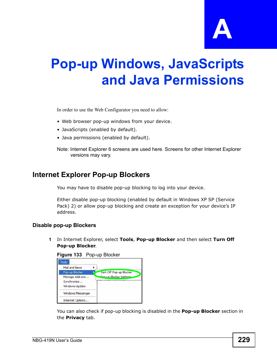 Pop-up windows, javascripts and java permissions, Led. see | ZyXEL Communications NBG-419N User Manual | Page 229 / 294