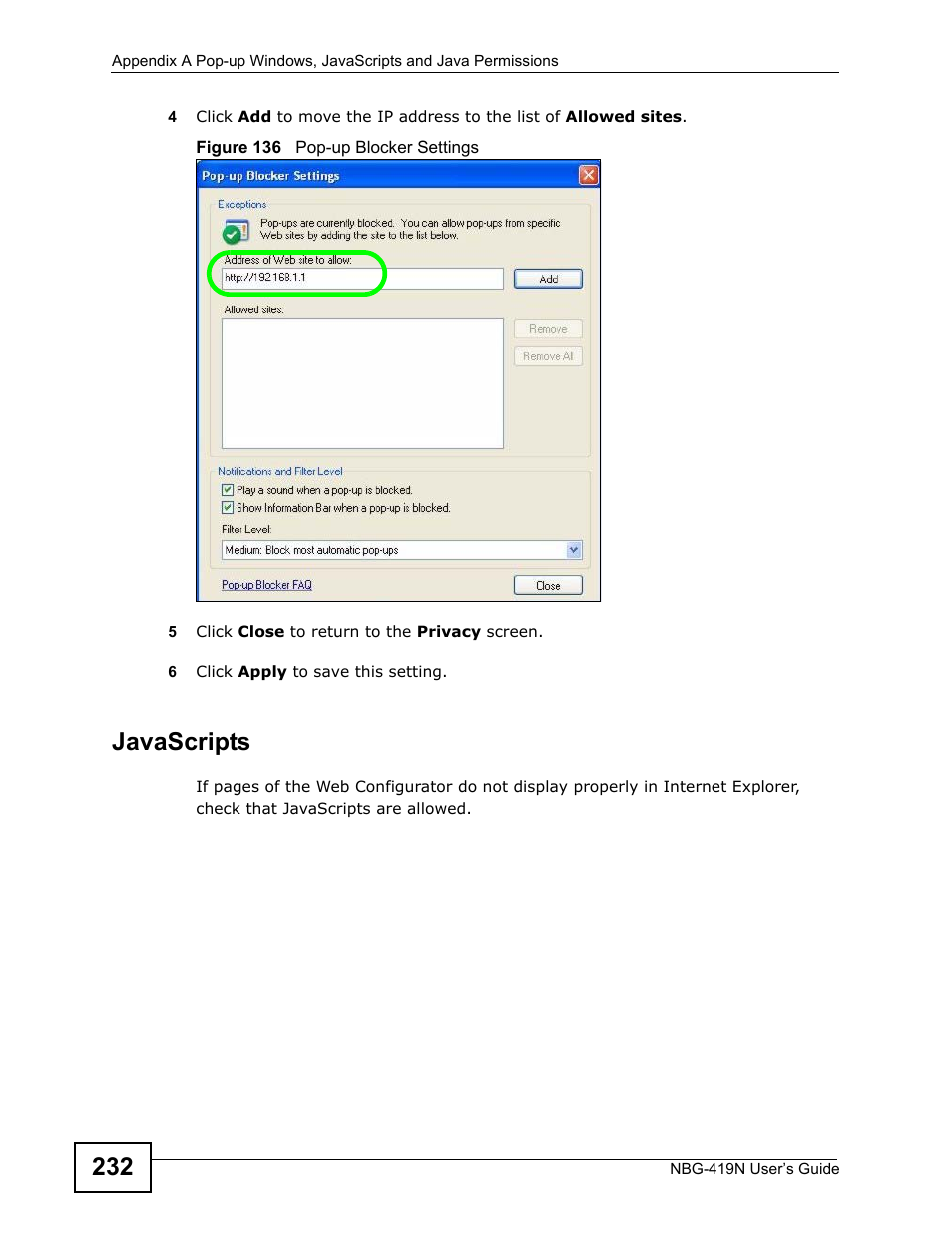 Javascripts | ZyXEL Communications NBG-419N User Manual | Page 232 / 294