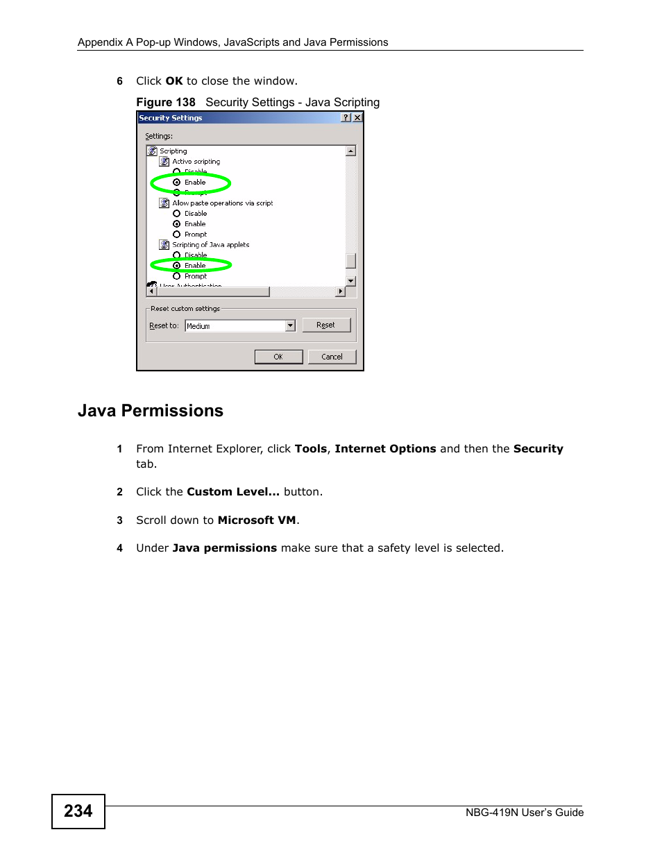 Java permissions | ZyXEL Communications NBG-419N User Manual | Page 234 / 294