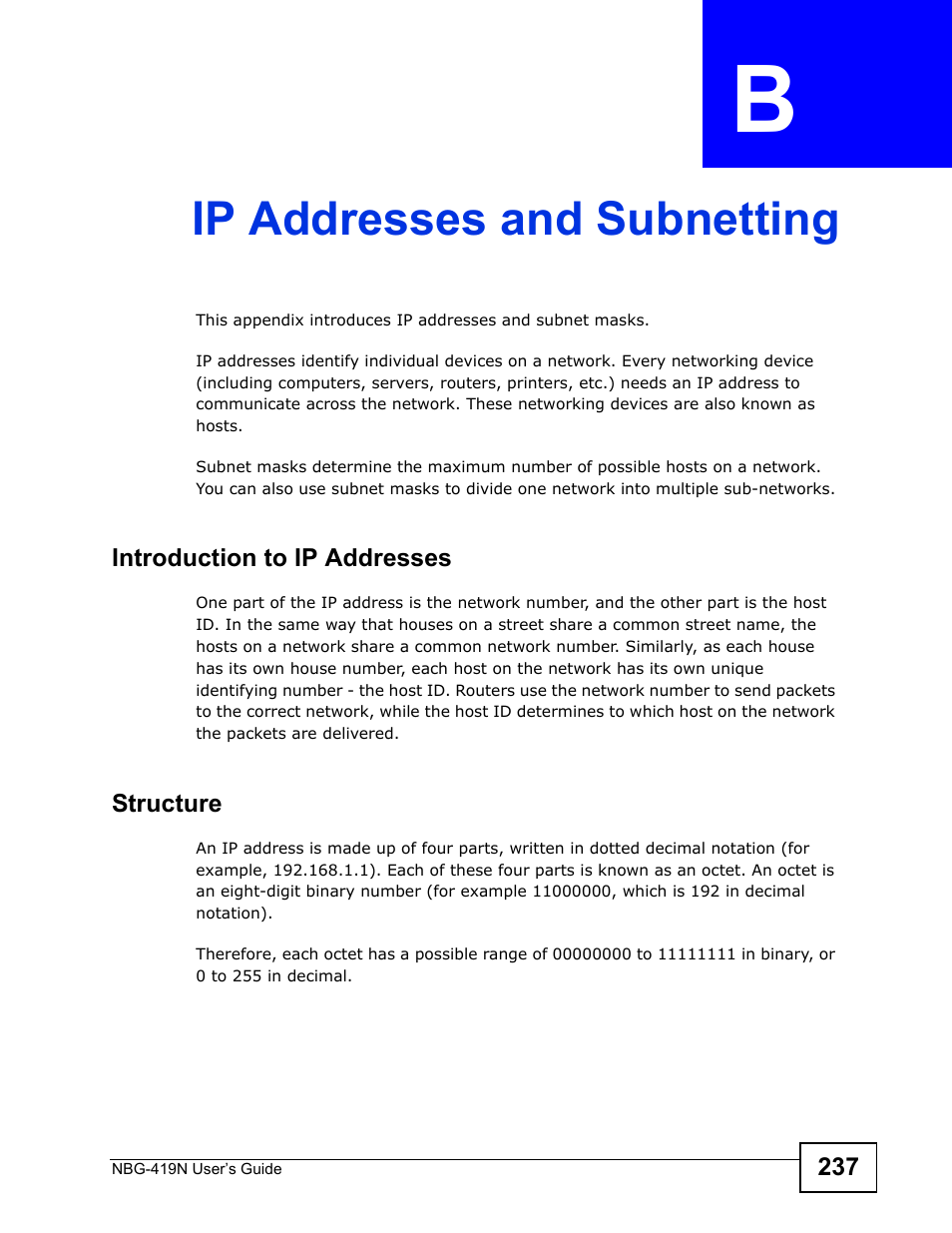 Ip addresses and subnetting, Appendix b ip addresses and subnetting, Ip addresses and subnetting (237) | ZyXEL Communications NBG-419N User Manual | Page 237 / 294