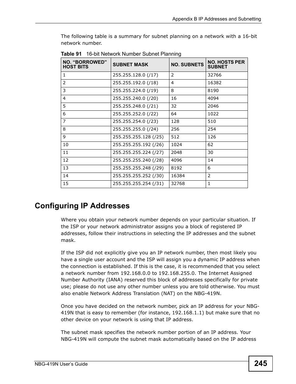 Configuring ip addresses | ZyXEL Communications NBG-419N User Manual | Page 245 / 294