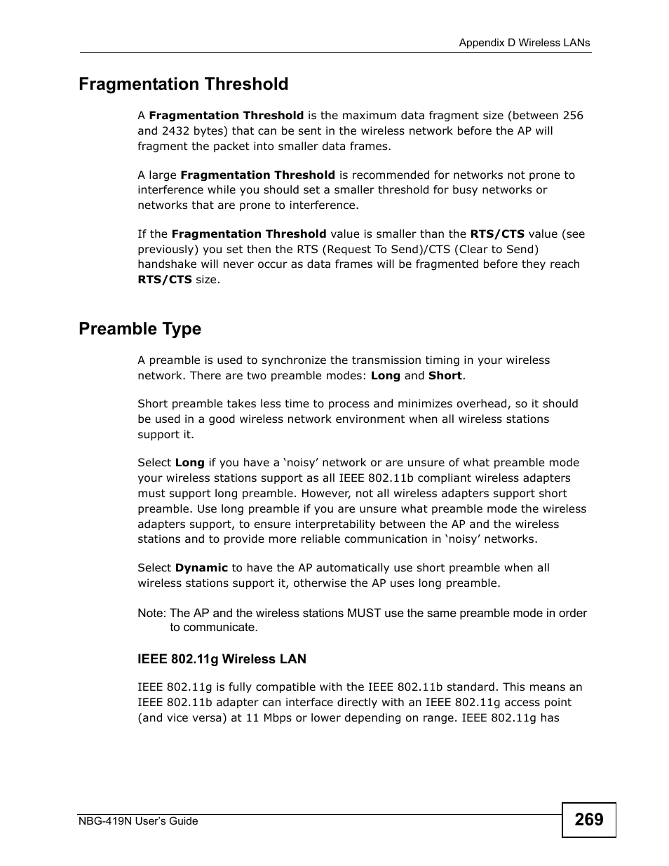 269 fragmentation threshold, Preamble type | ZyXEL Communications NBG-419N User Manual | Page 269 / 294