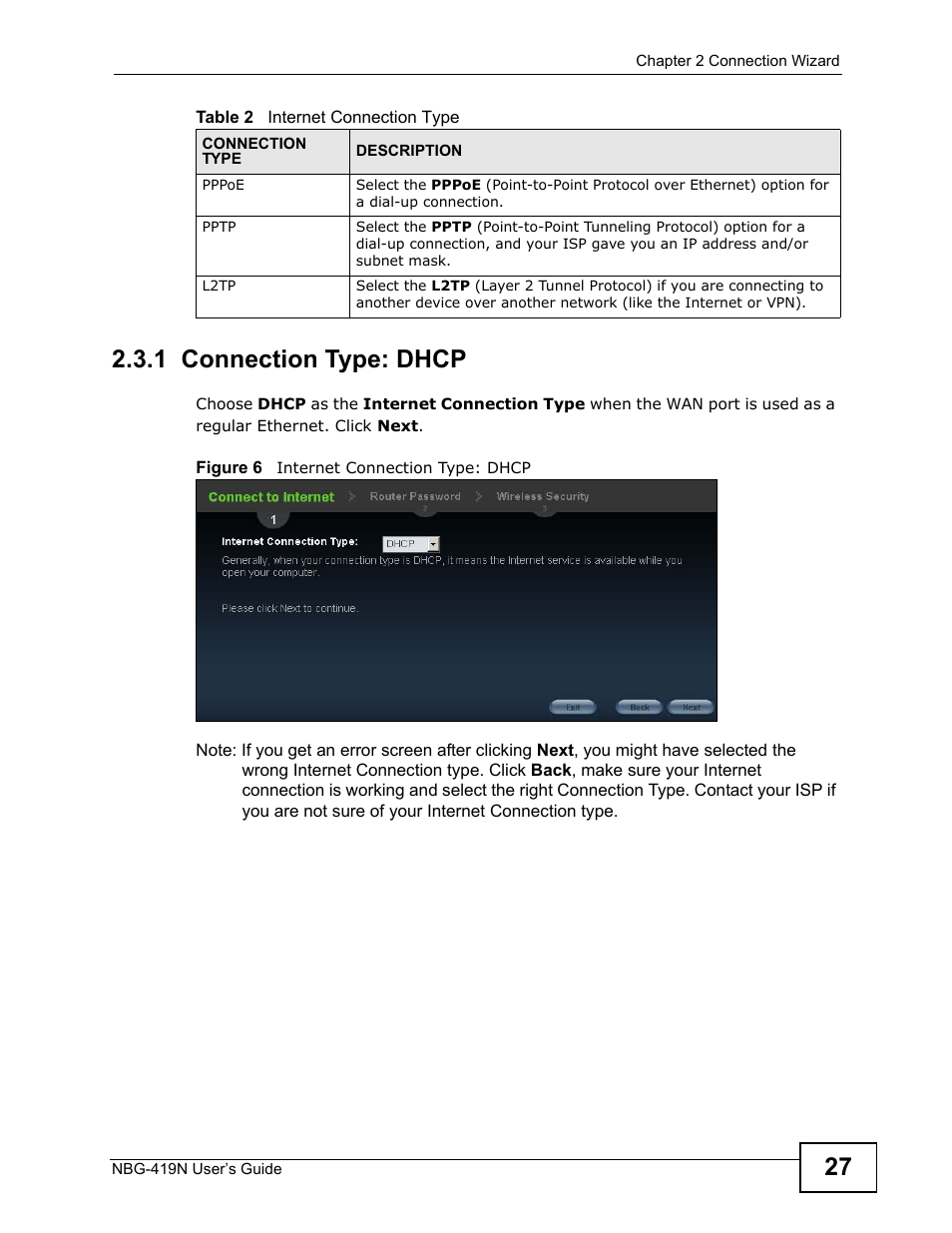 1 connection type: dhcp | ZyXEL Communications NBG-419N User Manual | Page 27 / 294