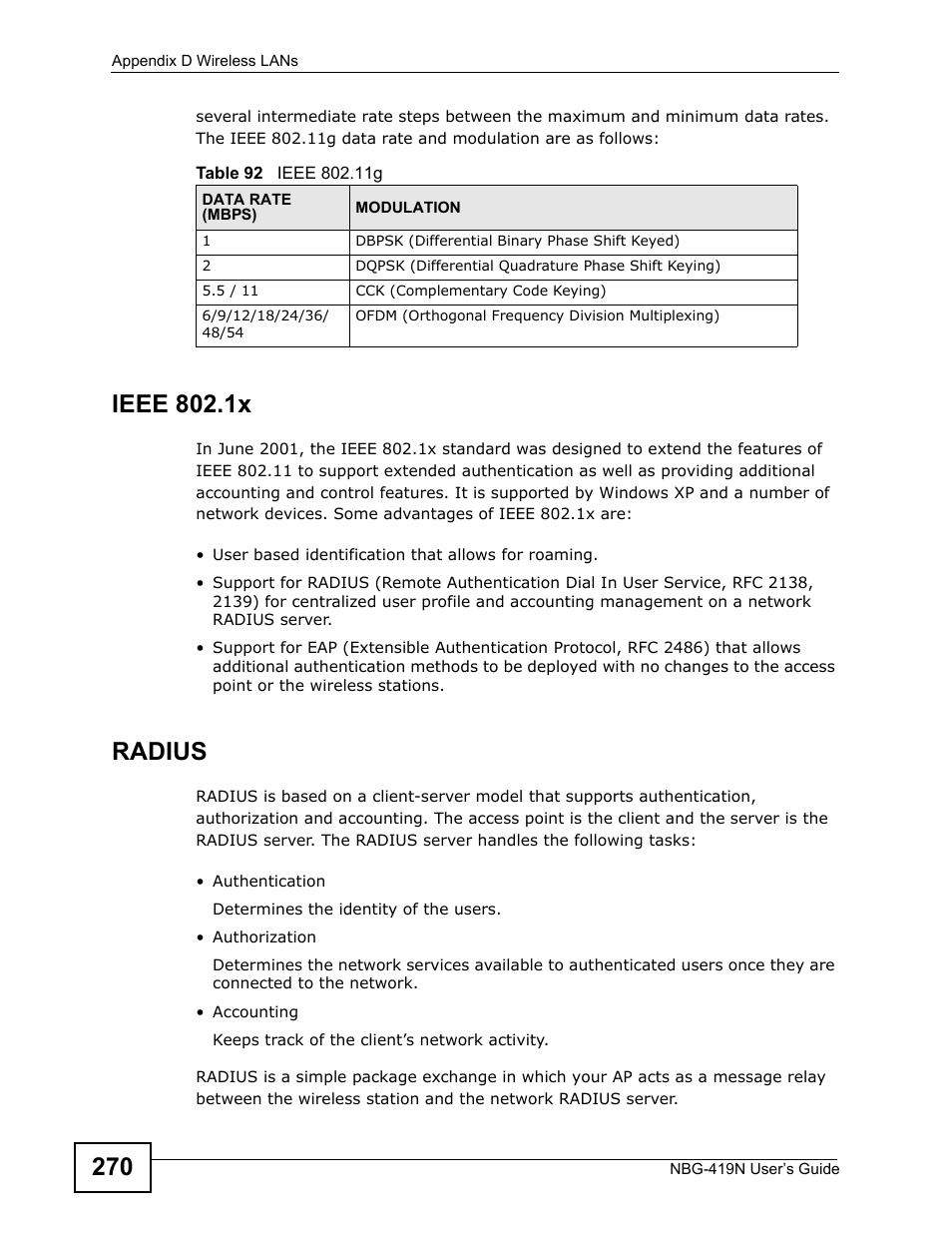Ieee 802.1x, Radius | ZyXEL Communications NBG-419N User Manual | Page 270 / 294