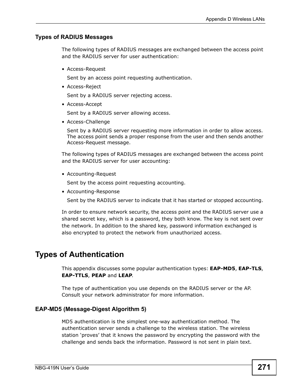 Types of authentication | ZyXEL Communications NBG-419N User Manual | Page 271 / 294