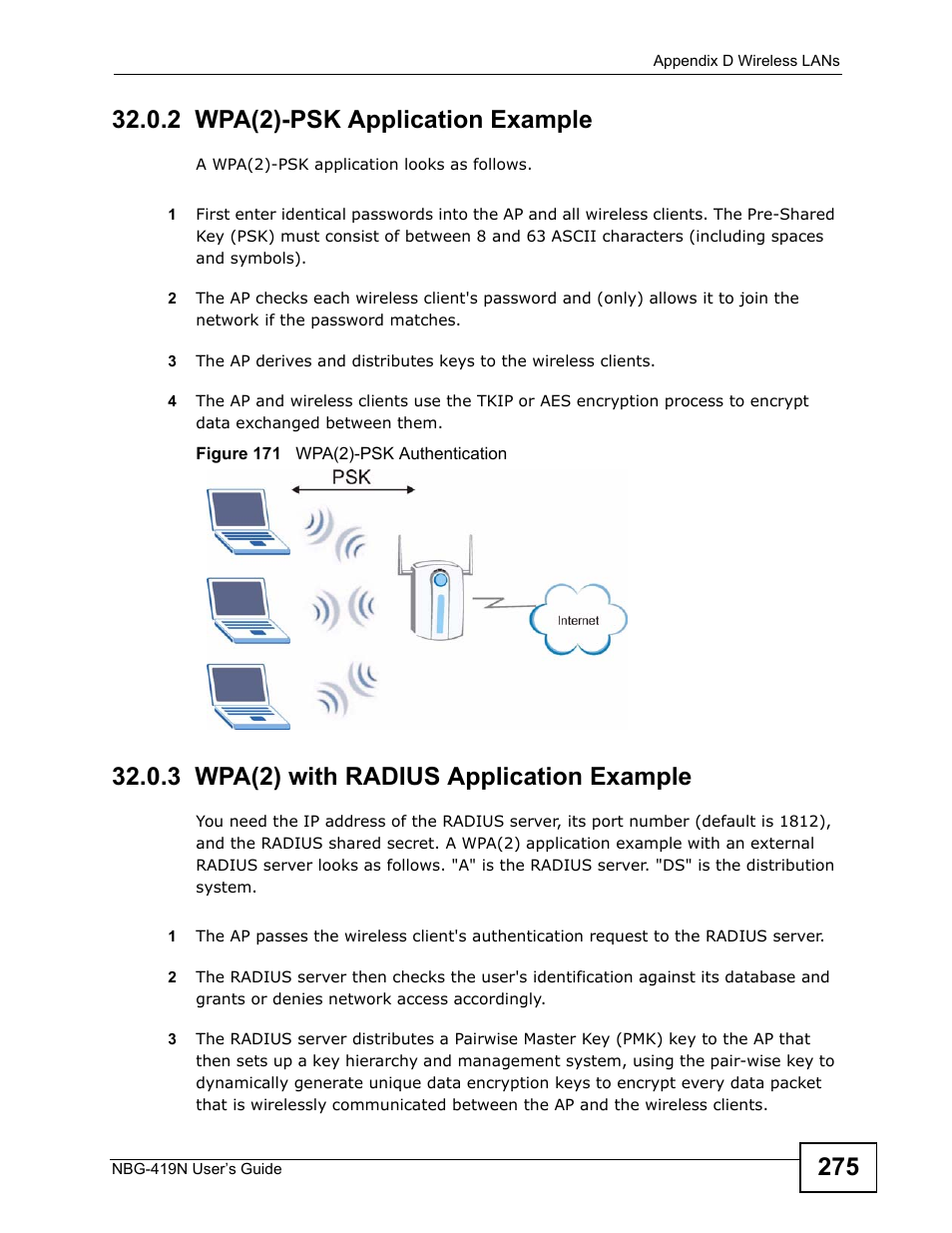 2 wpa(2)-psk application example, 3 wpa(2) with radius application example | ZyXEL Communications NBG-419N User Manual | Page 275 / 294