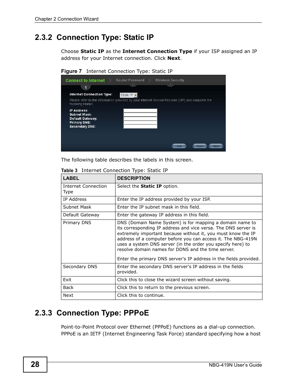 2 connection type: static ip, 3 connection type: pppoe | ZyXEL Communications NBG-419N User Manual | Page 28 / 294