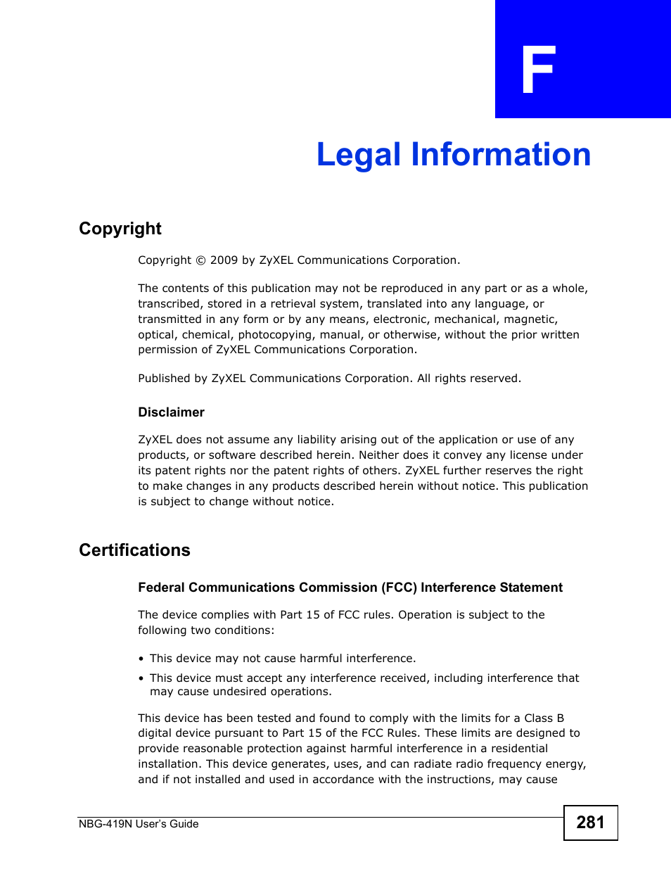 Legal information, Appendix f legal information, Legal information (281) | ZyXEL Communications NBG-419N User Manual | Page 281 / 294