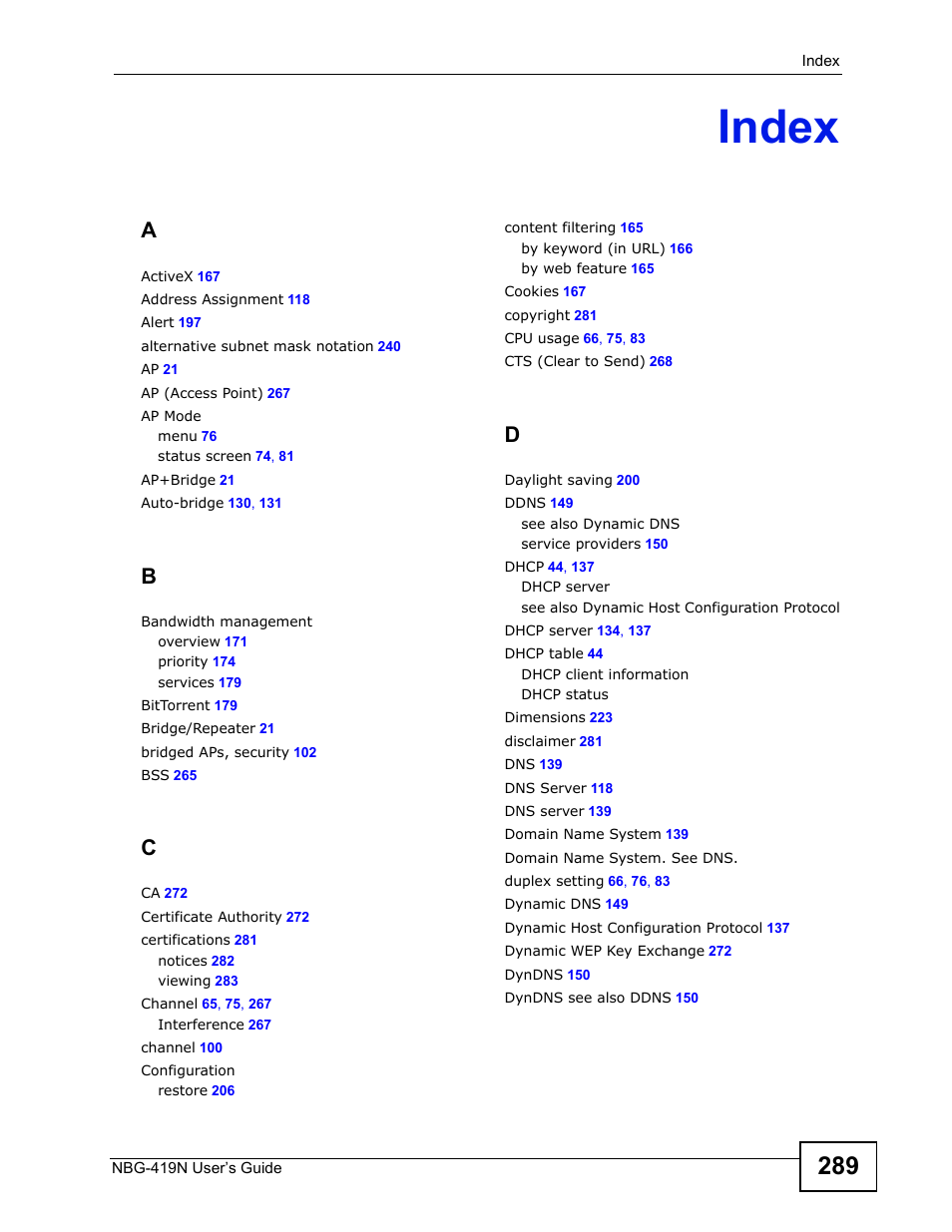 Index, Index (289) | ZyXEL Communications NBG-419N User Manual | Page 289 / 294