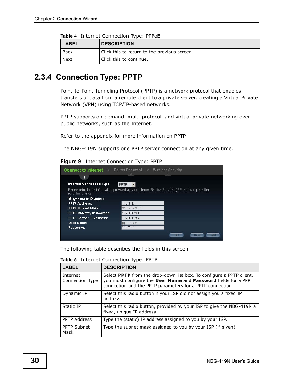 4 connection type: pptp | ZyXEL Communications NBG-419N User Manual | Page 30 / 294