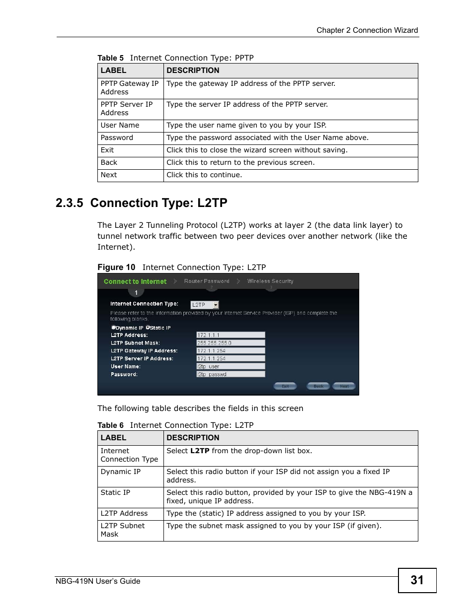 5 connection type: l2tp | ZyXEL Communications NBG-419N User Manual | Page 31 / 294