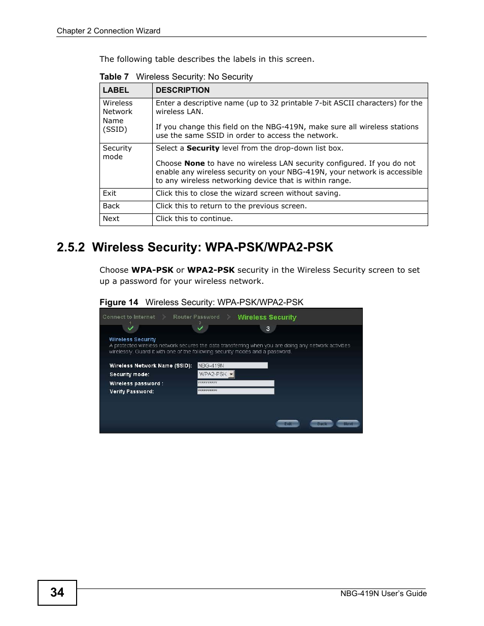 2 wireless security: wpa-psk/wpa2-psk | ZyXEL Communications NBG-419N User Manual | Page 34 / 294