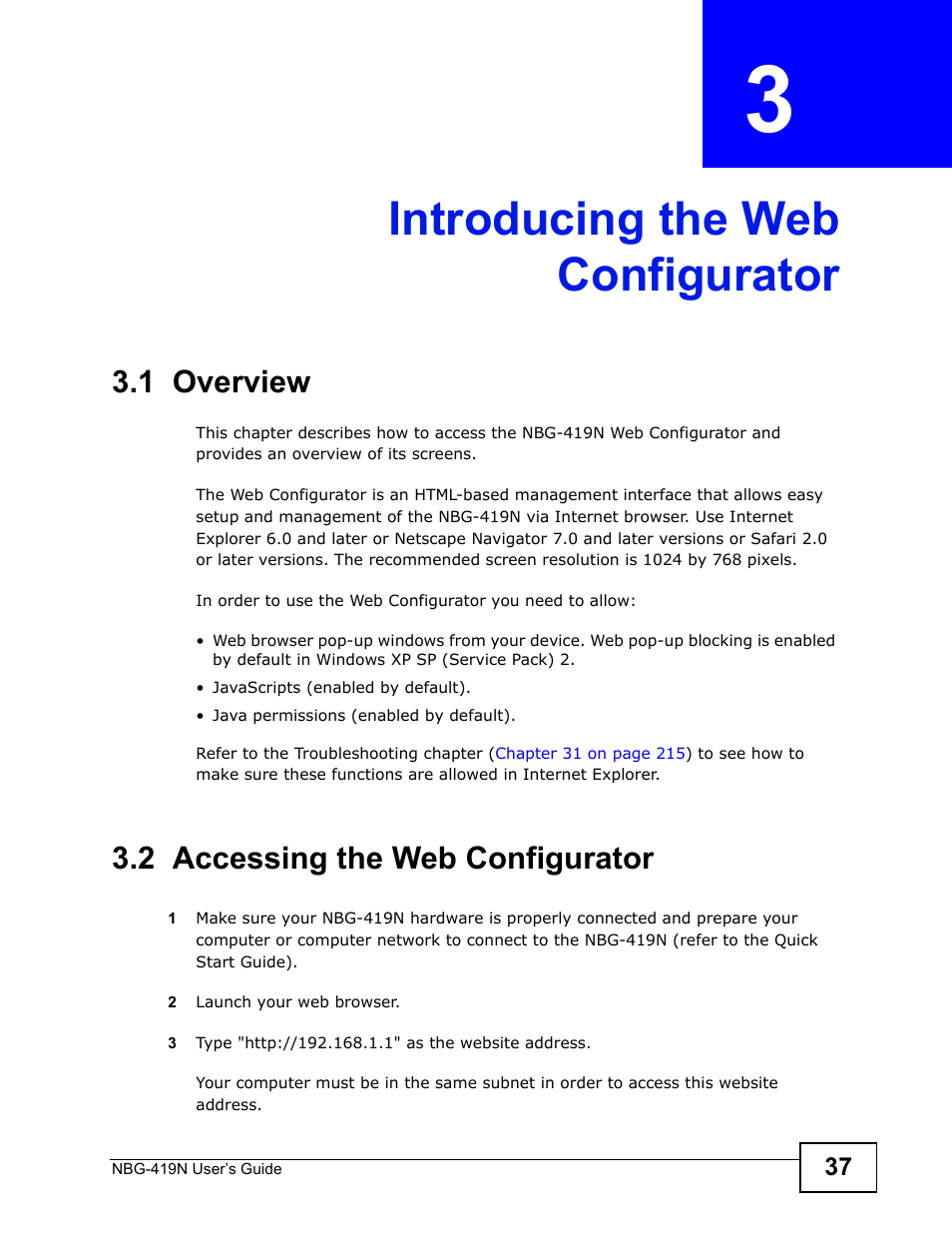Introducing the web configurator, 1 overview, 2 accessing the web configurator | Chapter 3 introducing the web configurator, Introducing the web configurator (37) | ZyXEL Communications NBG-419N User Manual | Page 37 / 294