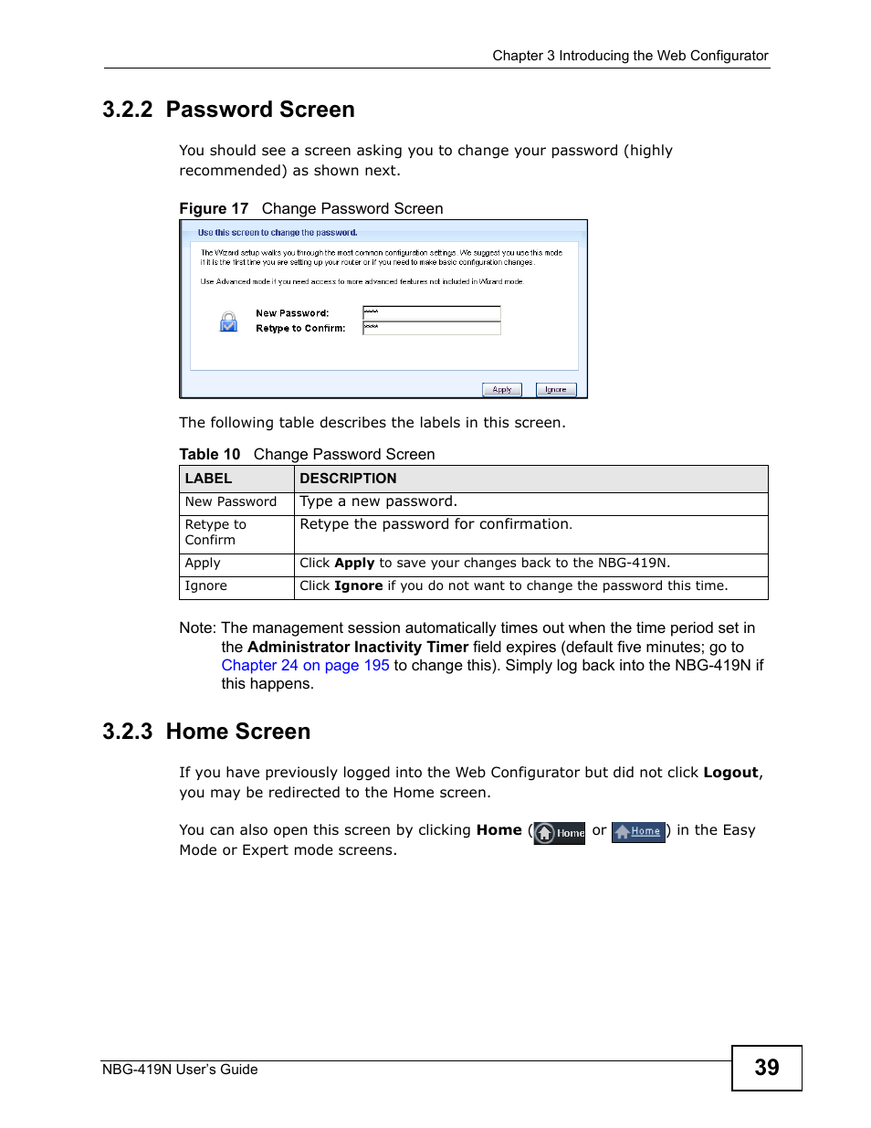2 password screen, 3 home screen, 2 password screen 3.2.3 home screen | ZyXEL Communications NBG-419N User Manual | Page 39 / 294