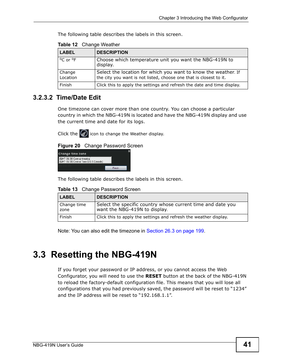 3 resetting the nbg-419n, Select in, 2 time/date edit | ZyXEL Communications NBG-419N User Manual | Page 41 / 294