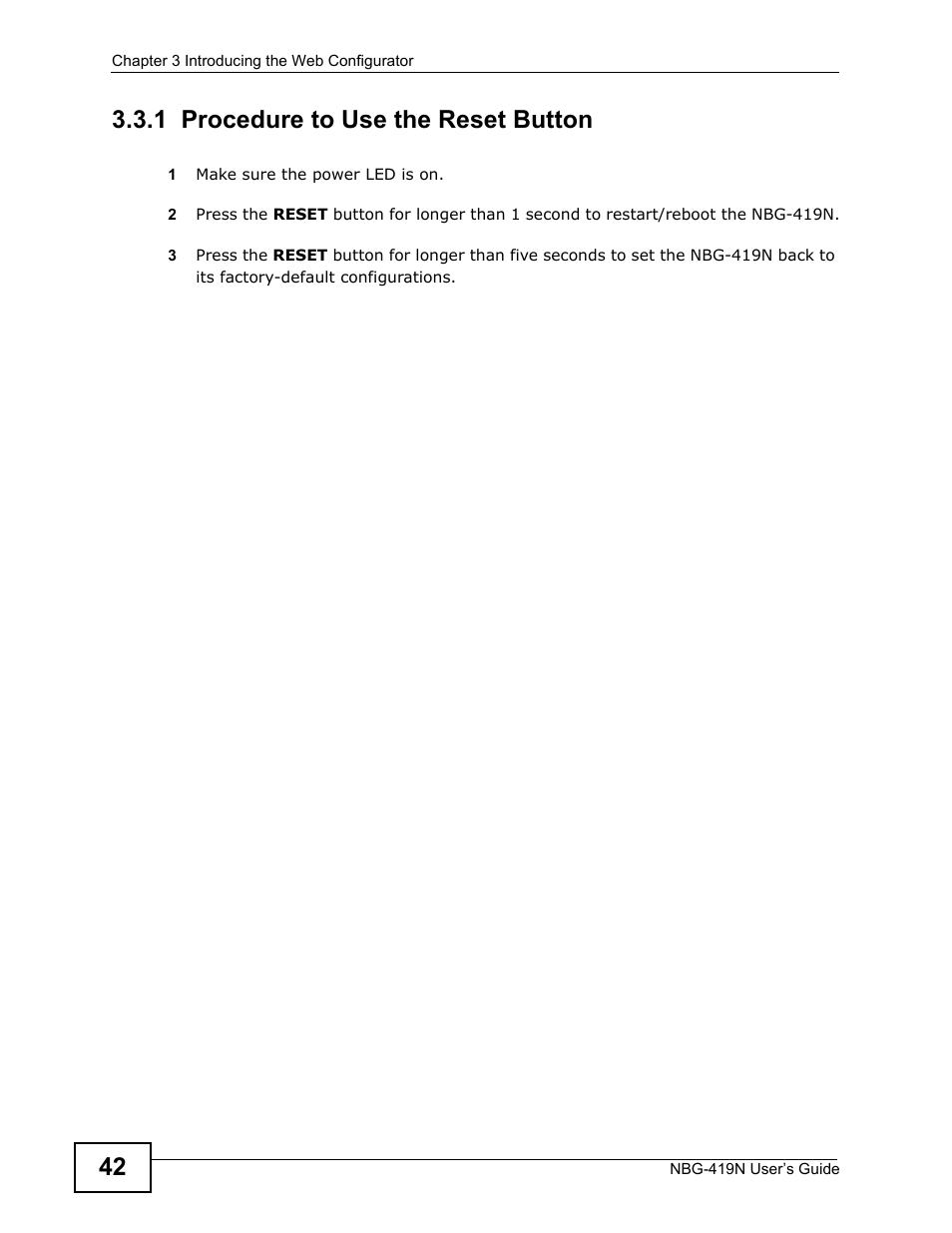 1 procedure to use the reset button | ZyXEL Communications NBG-419N User Manual | Page 42 / 294