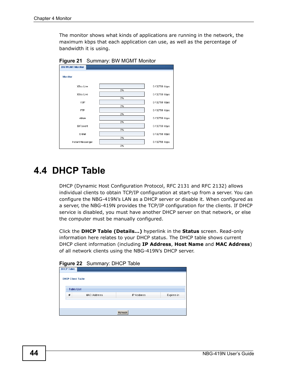 4 dhcp table, Reen | ZyXEL Communications NBG-419N User Manual | Page 44 / 294