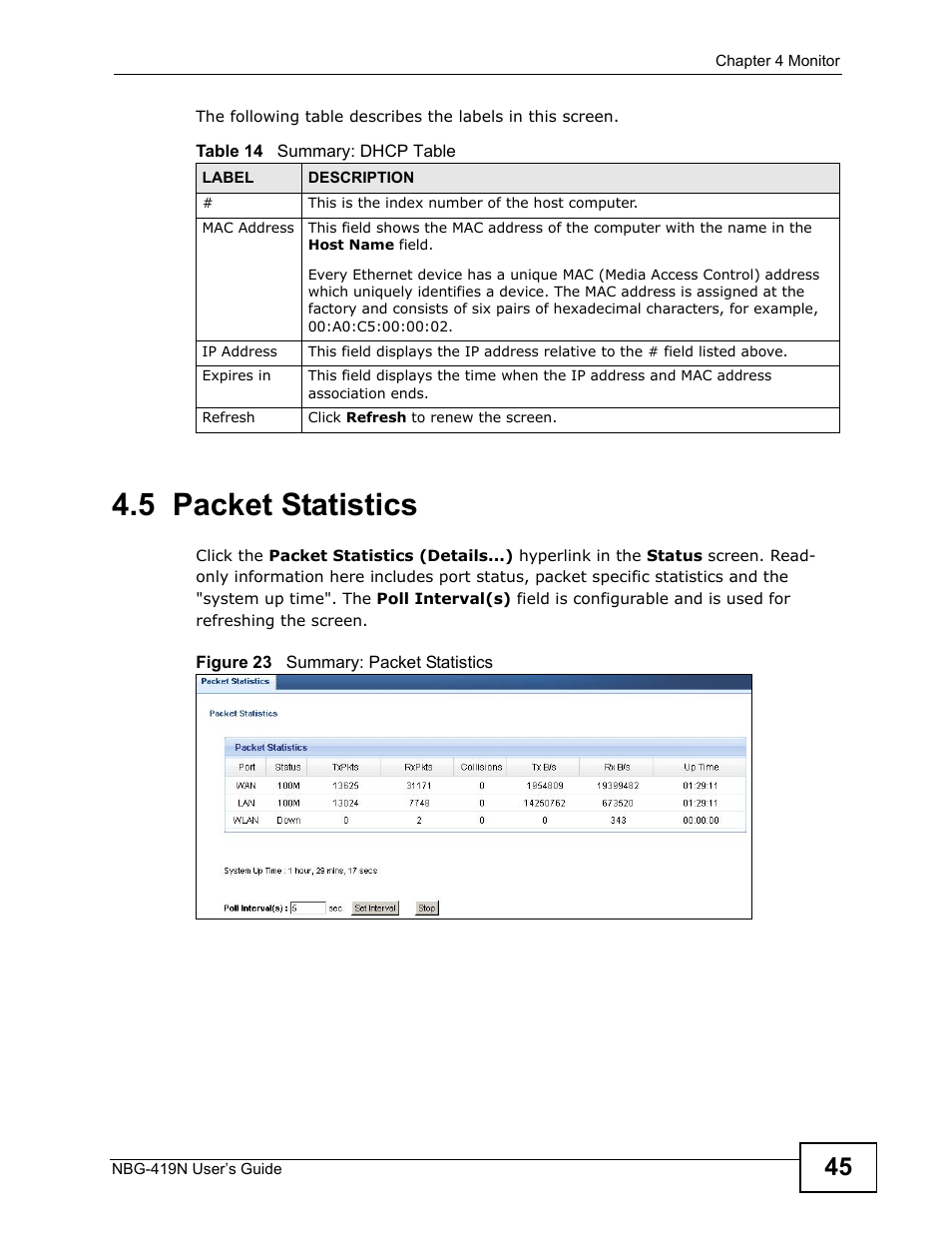 5 packet statistics | ZyXEL Communications NBG-419N User Manual | Page 45 / 294