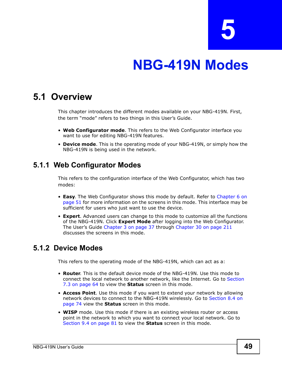 Nbg-419n modes, 1 overview, 1 web configurator modes | 2 device modes, Chapter 5 nbg-419n modes, 1 web configurator modes 5.1.2 device modes, Nbg-419n modes (49) | ZyXEL Communications NBG-419N User Manual | Page 49 / 294