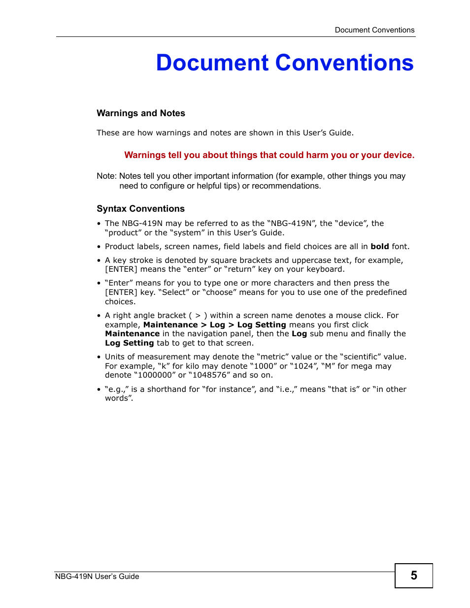 Document conventions | ZyXEL Communications NBG-419N User Manual | Page 5 / 294