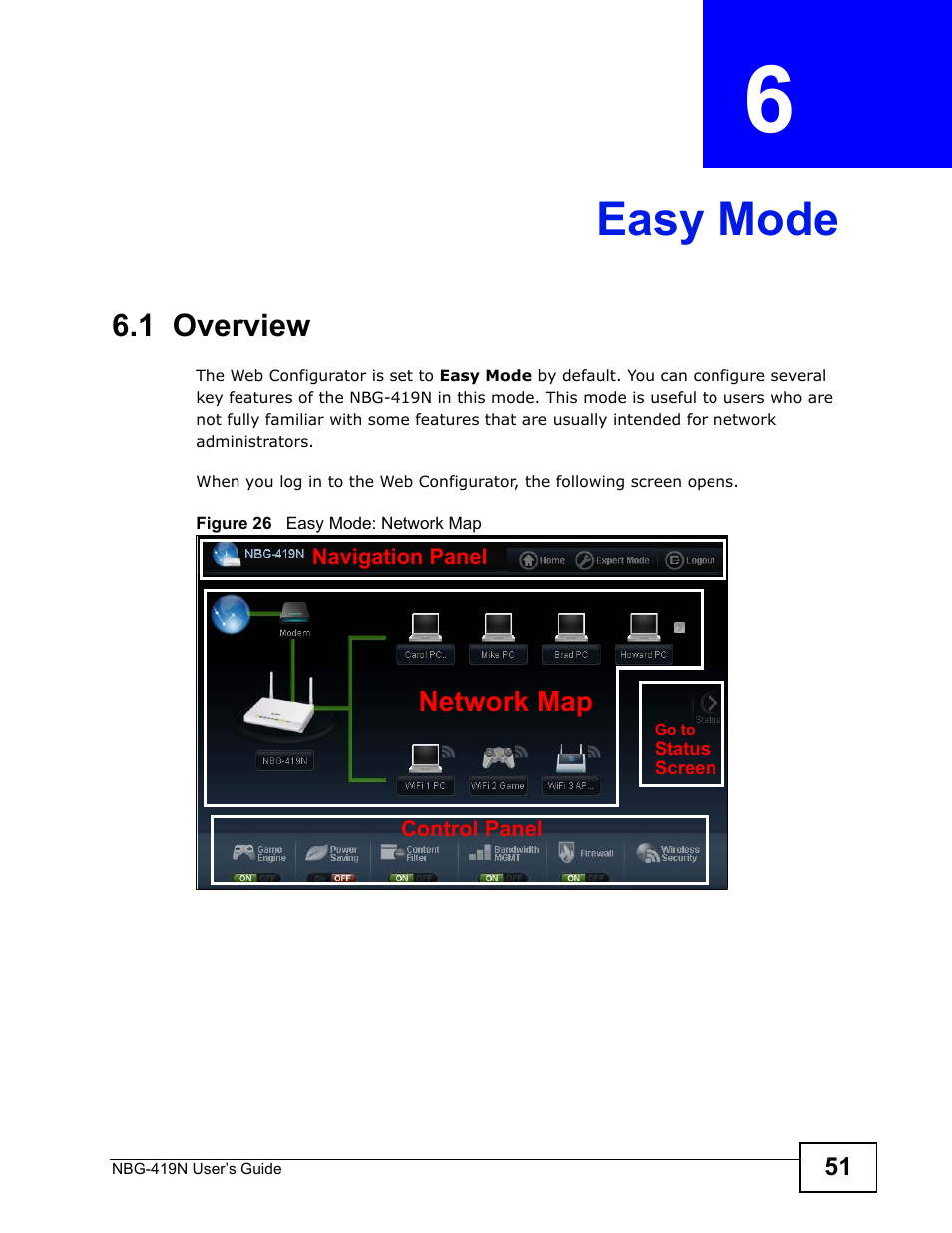 Easy mode, 1 overview, Chapter 6 easy mode | Chapter 6 on, For more information on the | ZyXEL Communications NBG-419N User Manual | Page 51 / 294