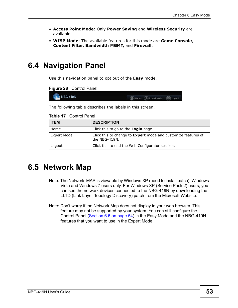 4 navigation panel, 5 network map, 4 navigation panel 6.5 network map | To opt | ZyXEL Communications NBG-419N User Manual | Page 53 / 294