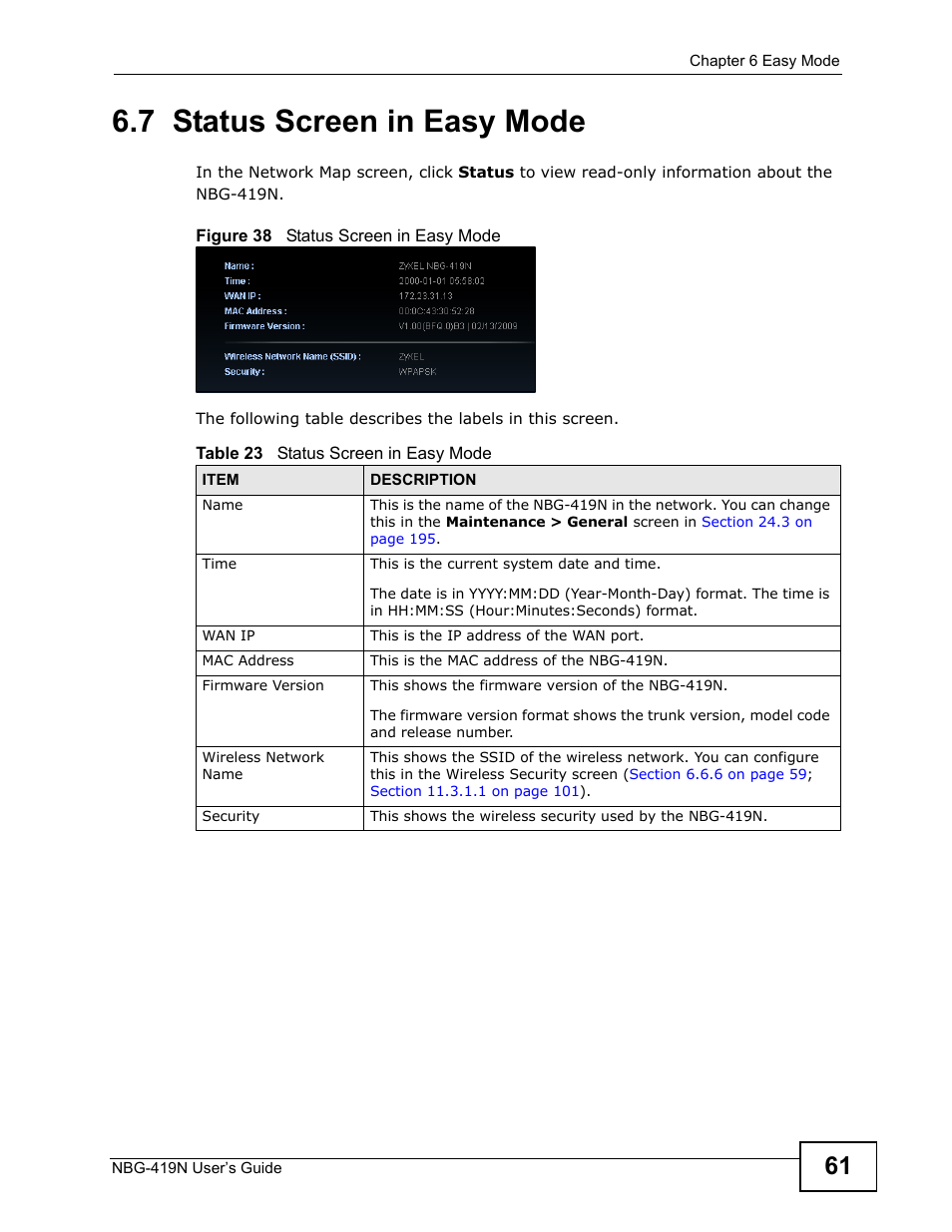 7 status screen in easy mode | ZyXEL Communications NBG-419N User Manual | Page 61 / 294