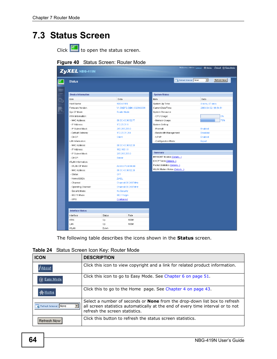 3 status screen, Go to, Section | ZyXEL Communications NBG-419N User Manual | Page 64 / 294