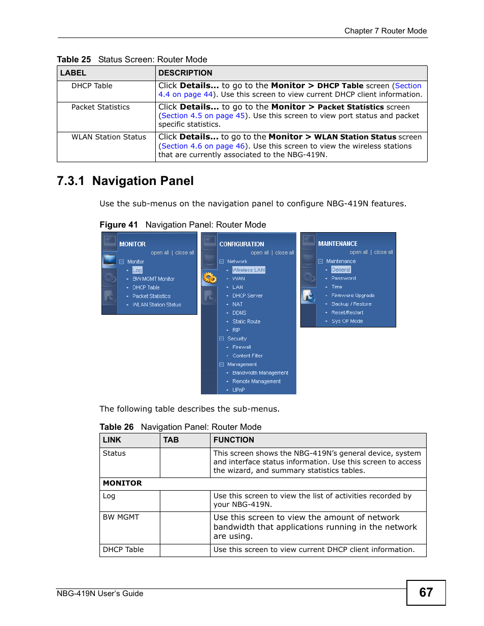 1 navigation panel | ZyXEL Communications NBG-419N User Manual | Page 67 / 294